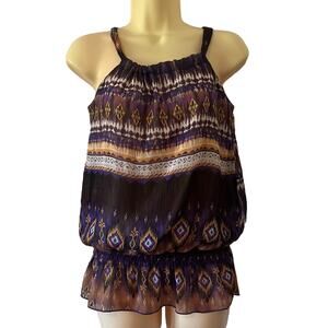 Blue Sketch Multicolor Chiffon Print Blouson Blouse Woman Size Small Y2K Summer